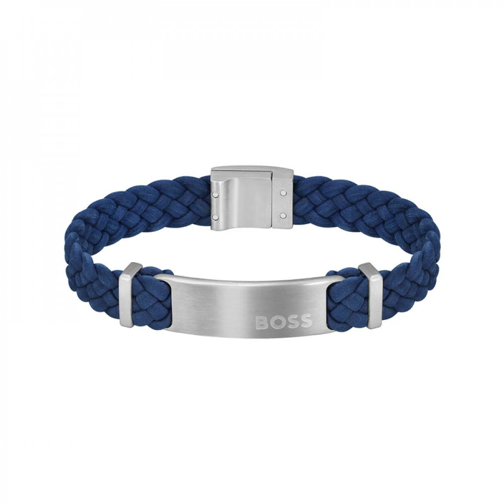 Men's leather bracelet BOSS Dylan 58137023 dark blue braided size M 19 mm