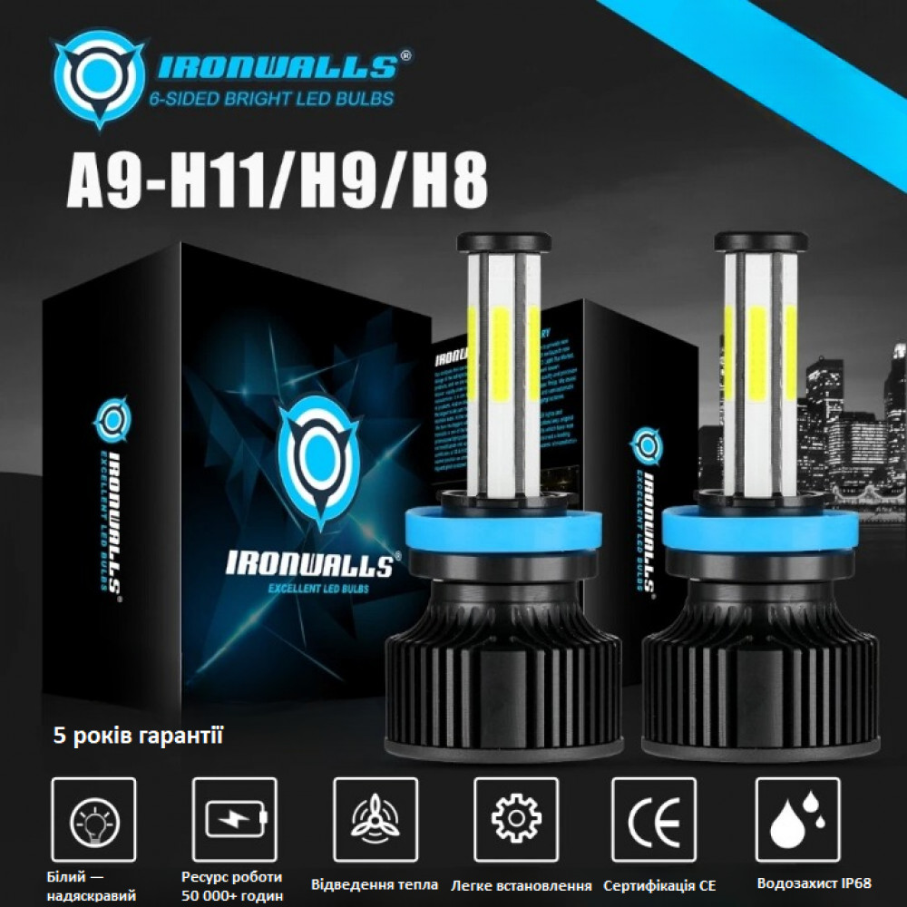 Комплект 2 LED лампи для фар далекого/ближнього світла IRONWALLS H11/H9/H8 6500K 420000LM