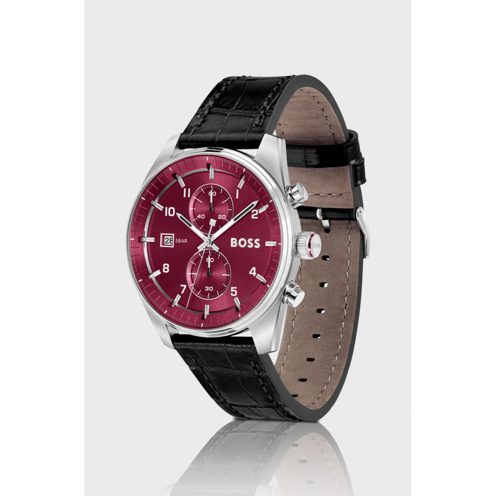 BOSS Skytraveller HB1514193 silver men's wristwatch with leather strap