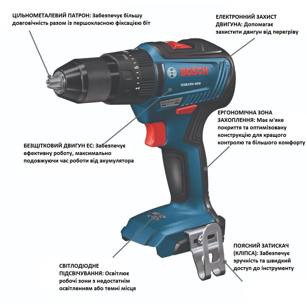 Акумуляторний ударний дриль-шурупокрут Bosch GSB18V-490N 18V