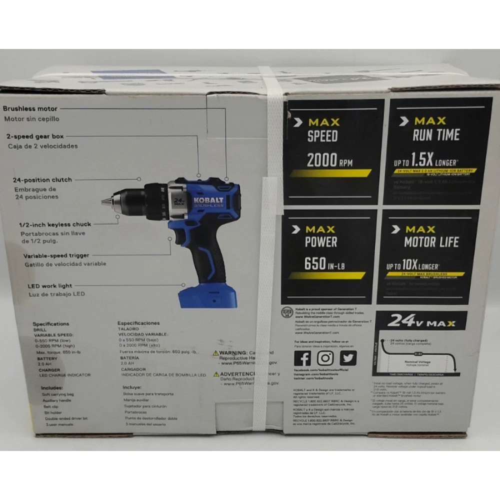 Cordless drill KDD 524B-03 for Kobalt 24V batteries, 1/2 inch chuck