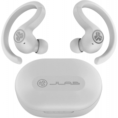 JLab JBuds Air Sport wireless earphones in white a charging case.