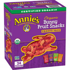 Annie's Homegrown Organic Bunny Fruit Snacks are organic fruit snacks in the shape of bunnies with various flavors (24 packs of 23g each).