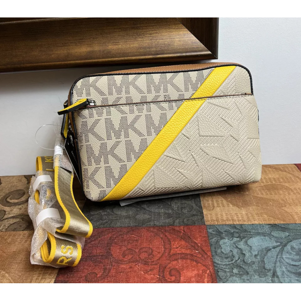Michael Kors Cooper crossbody bag with embossing and stripes brown