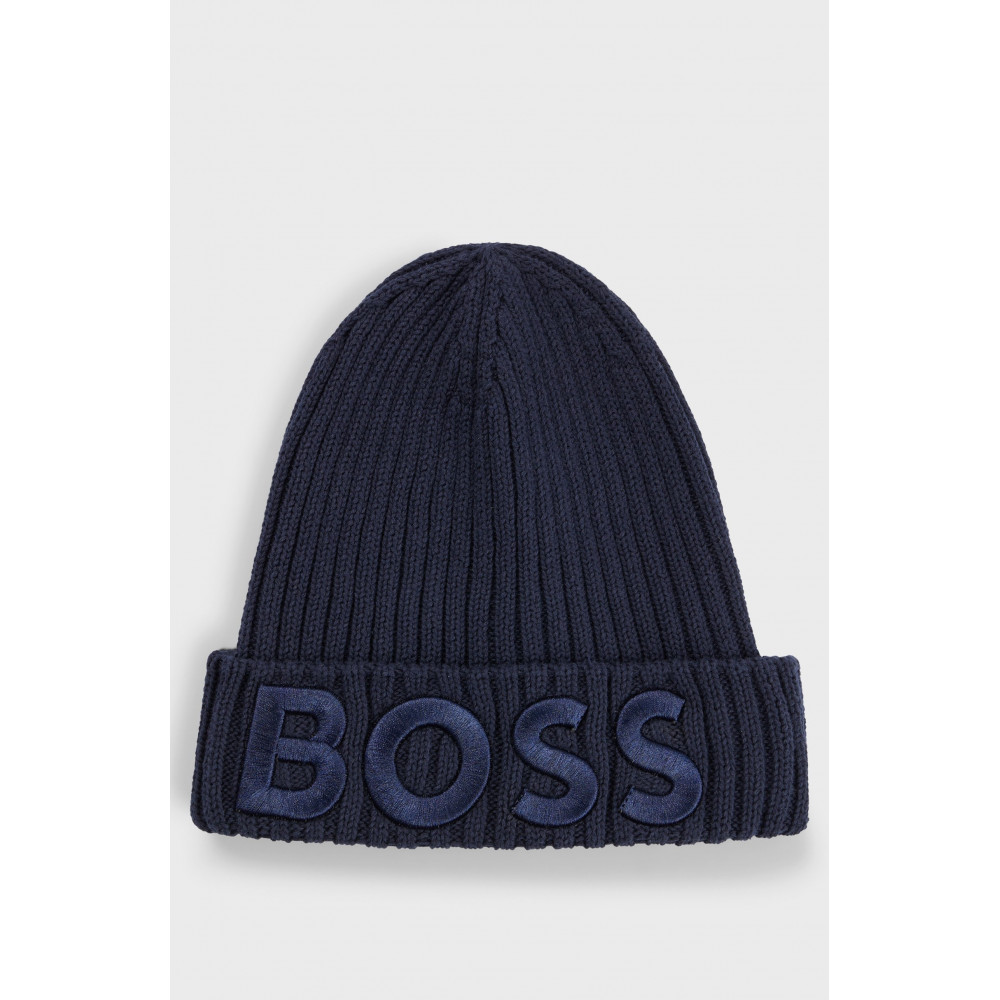 Детская шапка бини Hugo Boss из хлопка 3D логотип темно-синяя без размера