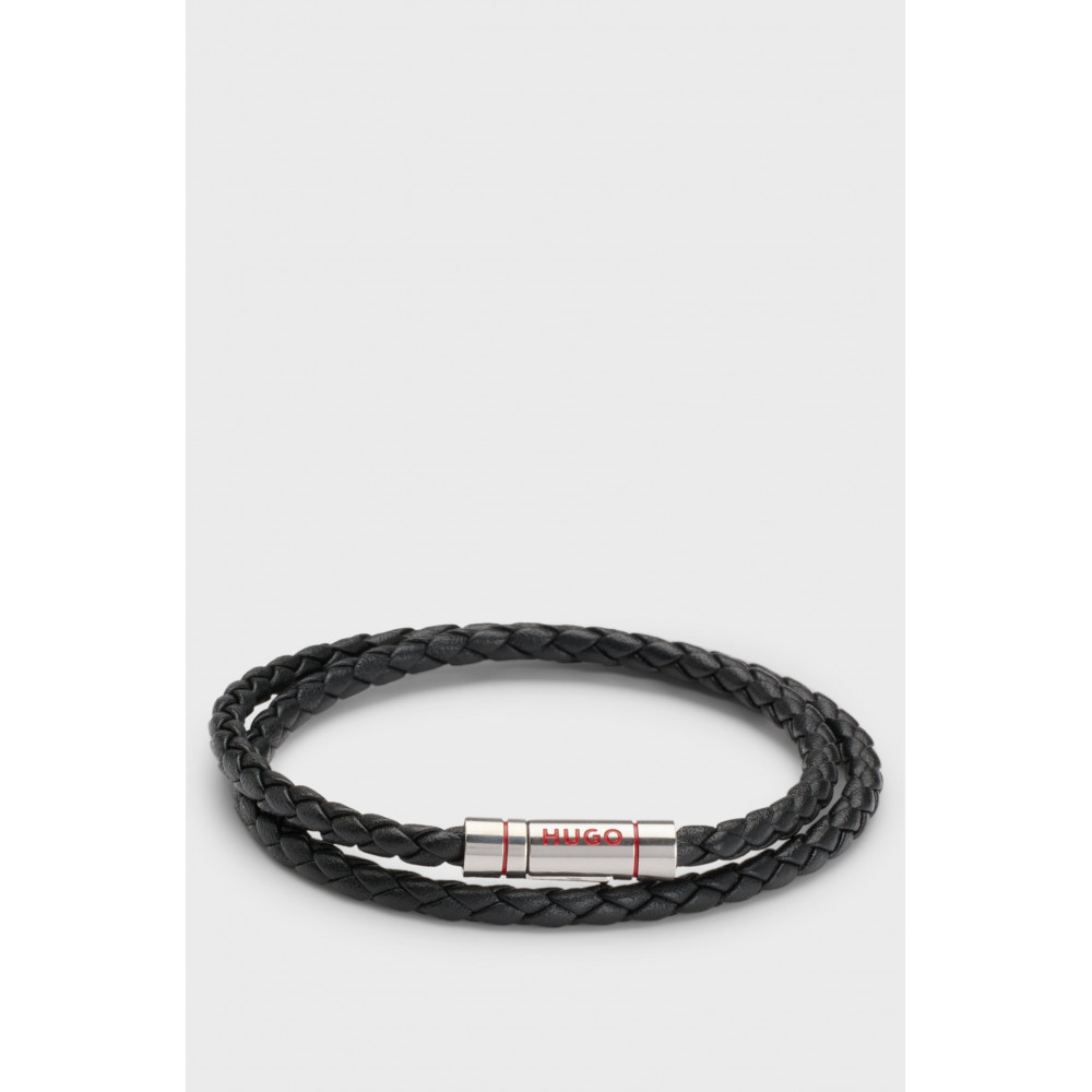 Hugo Boss double braided leather bracelet with logo clasp, black