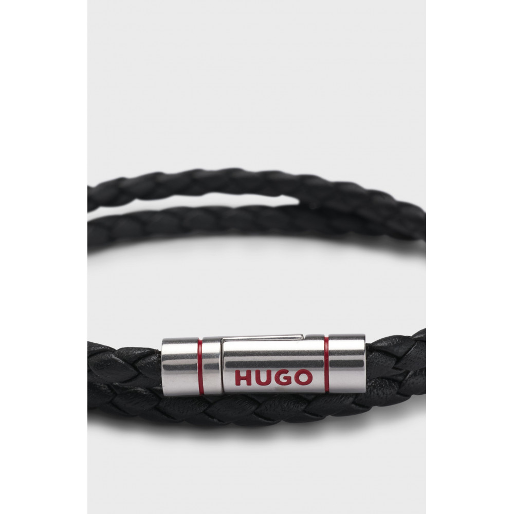 Hugo Boss double braided leather bracelet with logo clasp, black