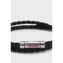 Hugo Boss double braided leather bracelet with logo clasp, black