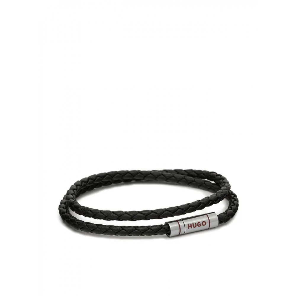 Hugo Boss double braided leather bracelet with logo clasp, black