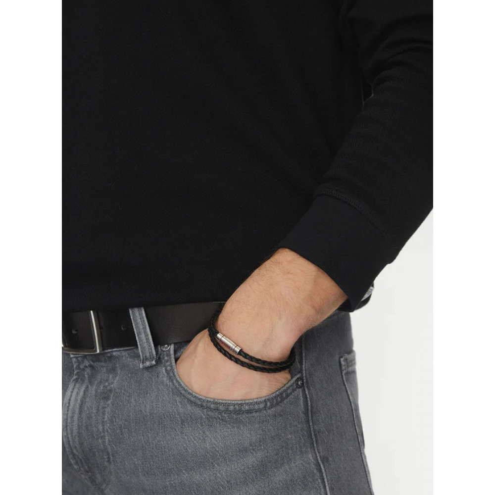 Hugo Boss double braided leather bracelet with logo clasp, black